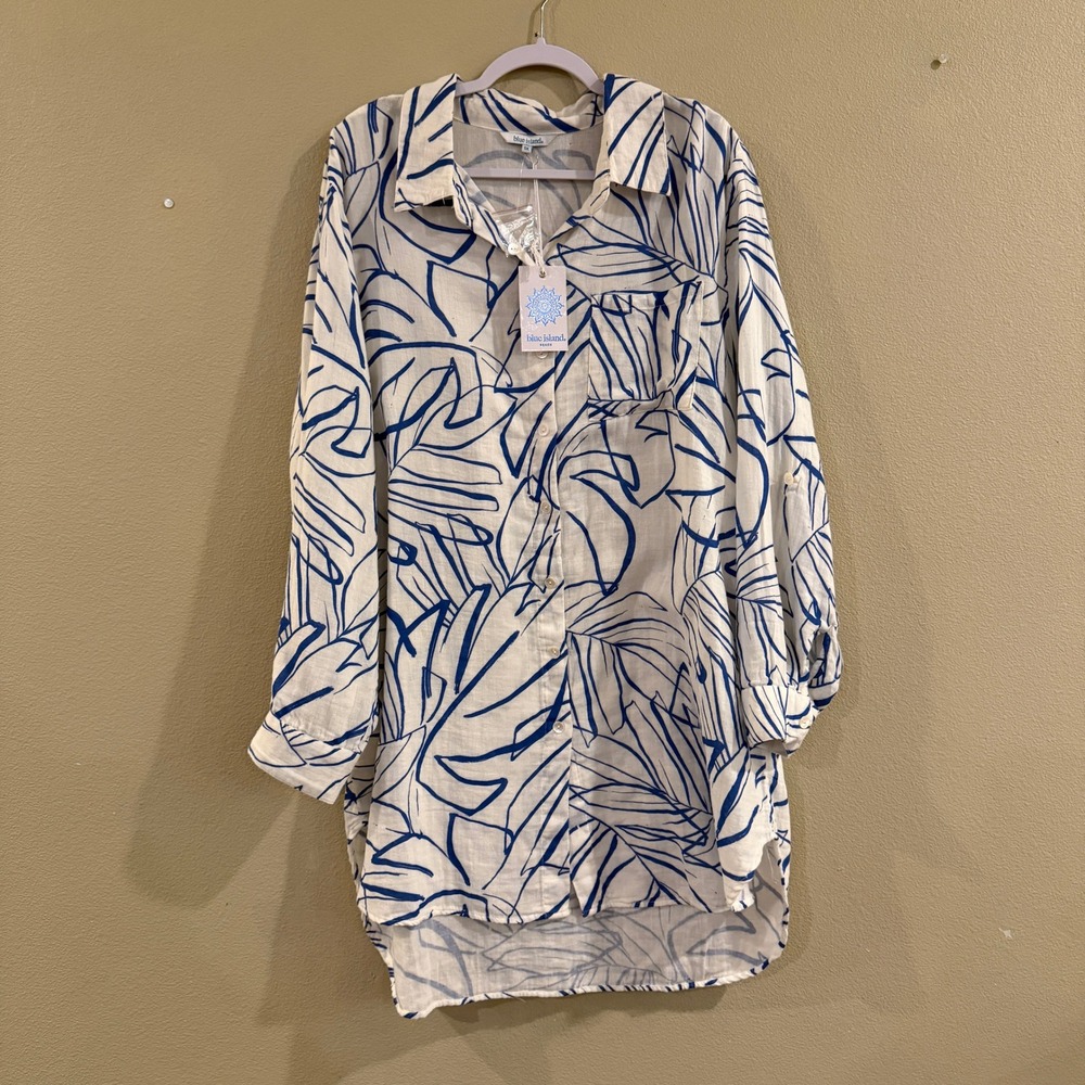Blue Island Button Down Swim Cover Women 1X White Blue Tropical Leaf Beachy
